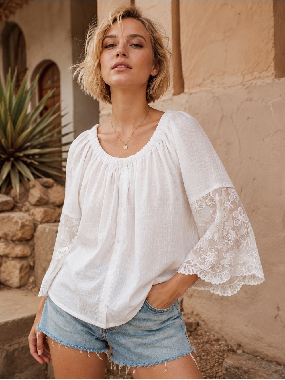 McCoy Way White Boho Chic Semi-Sheer Lace 3/4 Bell Sleeve Peasant Blouse Size S